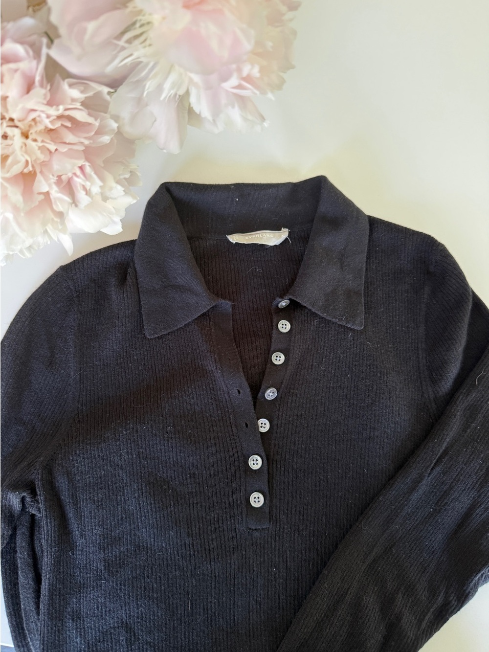 Everlane Merino Wool Black Ribbed Button-Front Polo Sweater - Size XL
